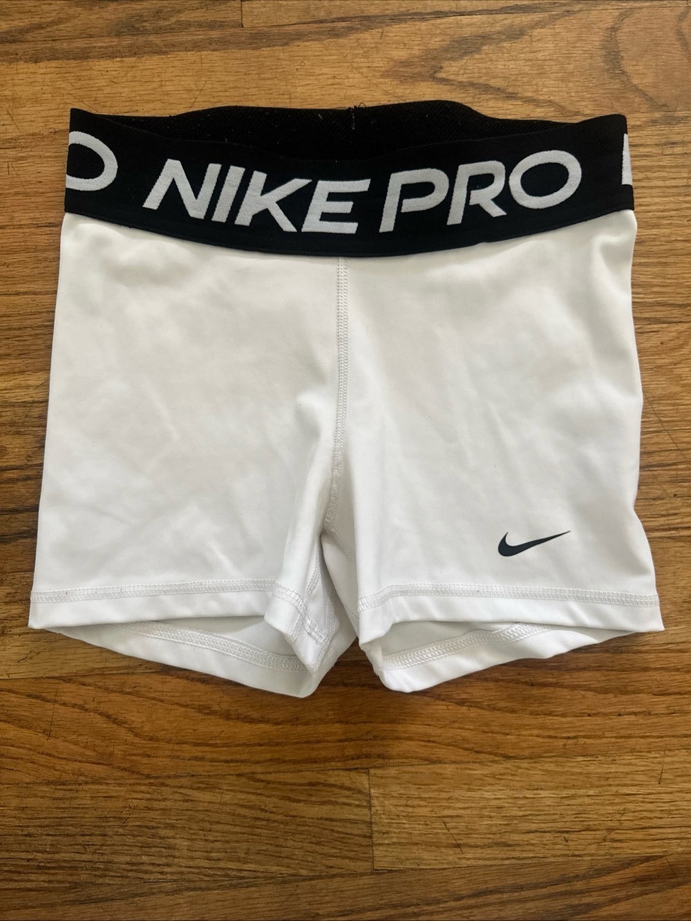 Nike Pro Women’s White Dri-FIT Compression Shorts Black Logo Waistband Sz XS